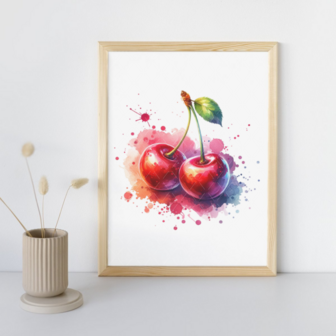 Poster zonder lijst A4 - Fruit: Twee kersen